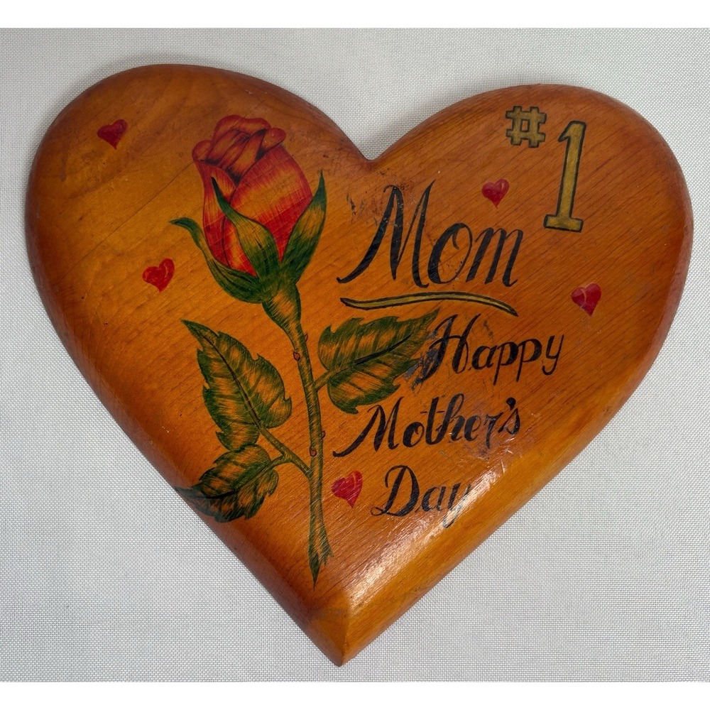 Vintage Hand Painted Rose Mothers Day Art Wood Heart Plaque Cottage Core Decor